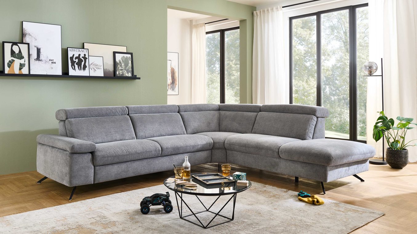 Ecksofa modulmaster aus Stoff in Grau Modulmaster MM-ZE1161 - Polsterecke graues Flachgewebe Cyber & schwarze Metallfüße - Stellfläche ca. 303 x 247 cm