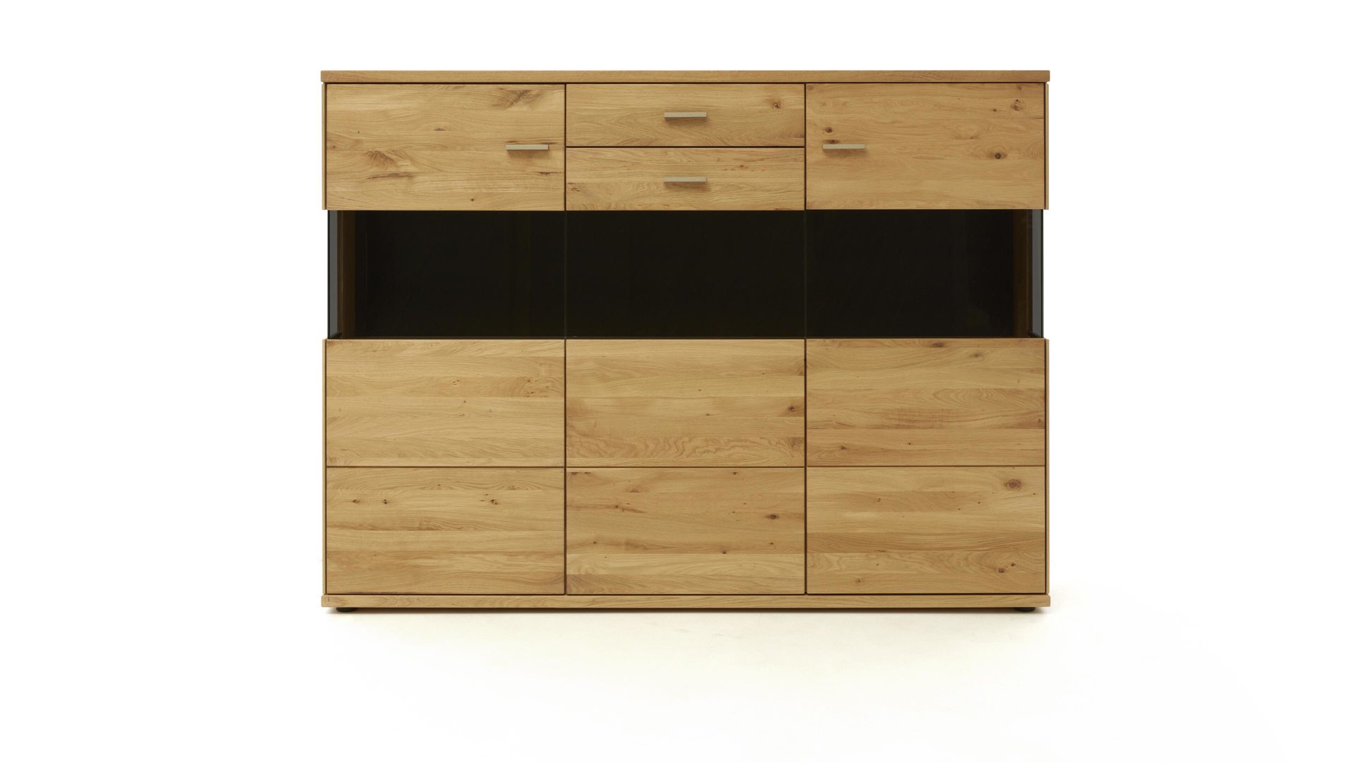 Highboard Decker aus Holz in Holzfarben Highboard biancofarbene Wildeiche – drei Türen, eine Schublade