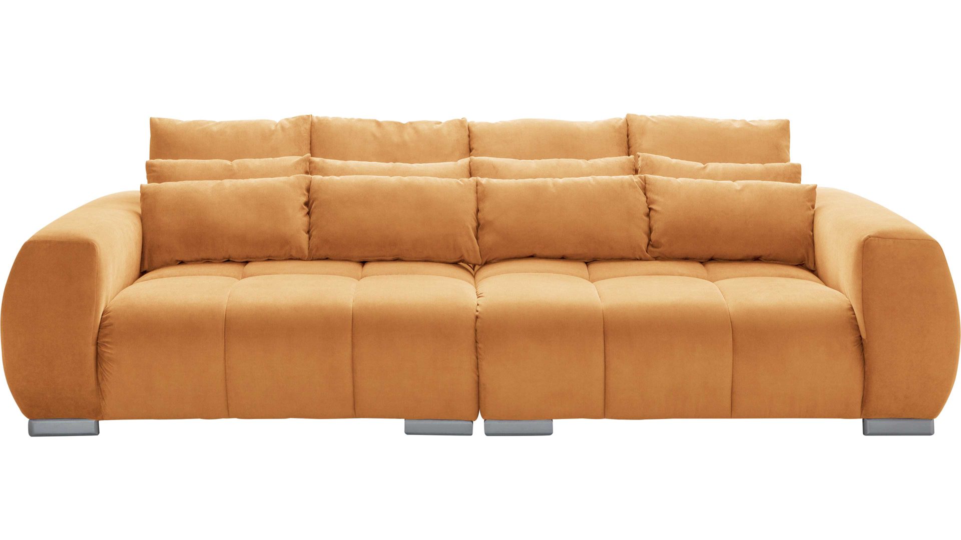 Bigsofa KAWOO aus Stoff in Gelb KAWOO Bigsofa Serie Escape bzw. Polstermöbel curryfarbener Bezug Sun 50 & silberfarbene Holzfüße - Länge ca. 276 cm