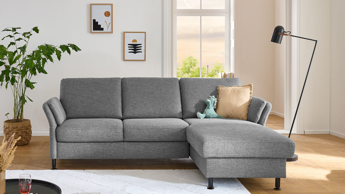 Ecksofa modulmaster aus Stoff in Grau Modulmaster MM-ZE1080 - Ecksofa mit Federkern stahlgraues Flachgewebe Unica & schwarze Metallfüße – Stellfläche ca. 232 x 168 cm