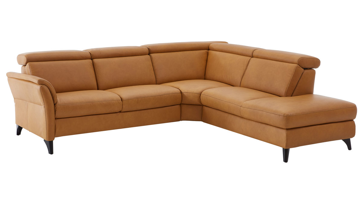 Ecksofa Steinpol polsteria aus Leder in Gelb Polsterprogramm Relaxa 6.0 Plus PSG XC - Ecksofa senffarbener LongLife-Leder Punch - Stellfläche ca. 270 x 239 cm